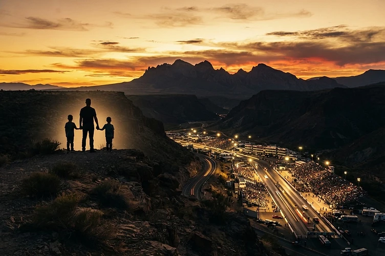 Fans overlooking the track at sunset