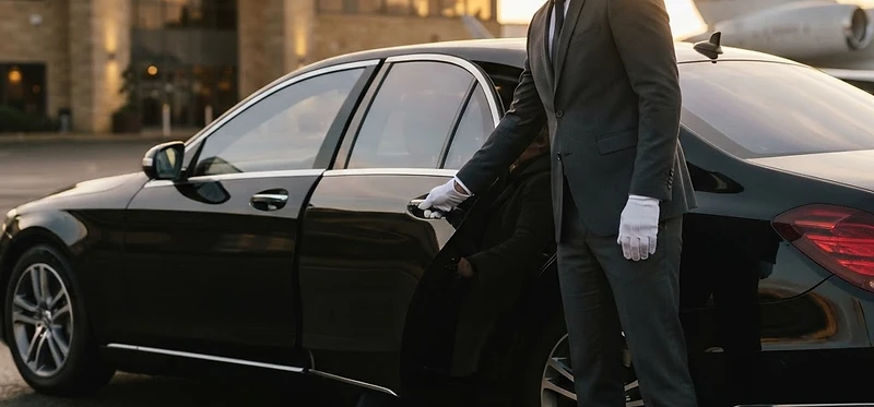 A chauffeur opening the rear door of a black luxury sedan at golden hour