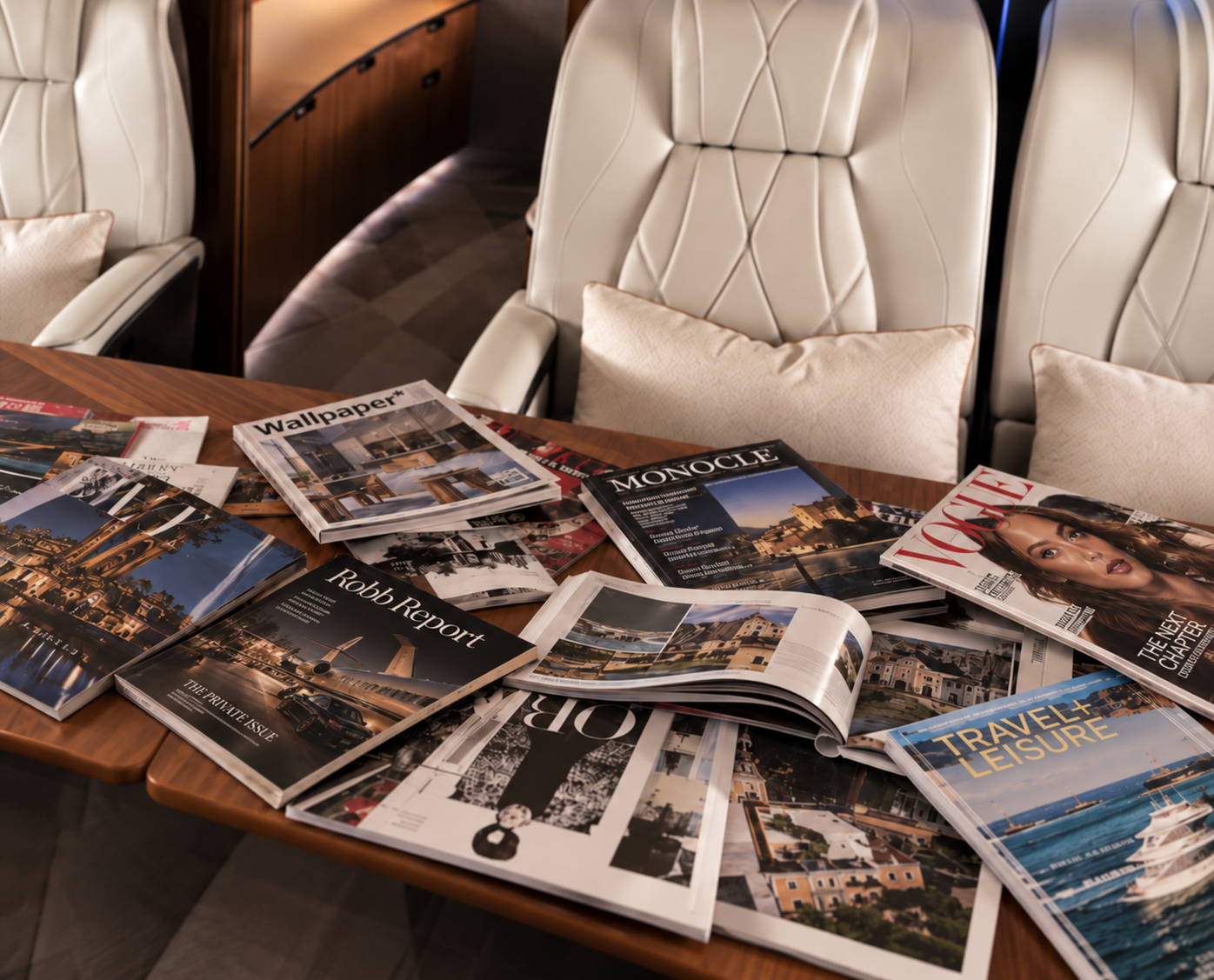 Magazines and newspapers on a private jet dining table