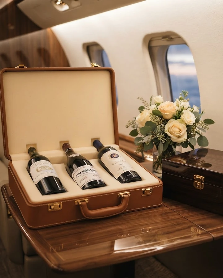 A temperature-controlled luxury travel case with wine and florals open on a private jet table