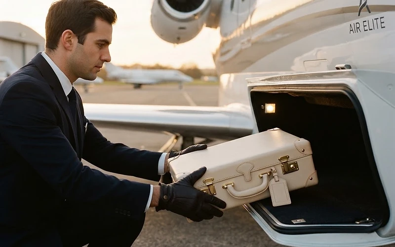A crew member loading a custom case into a private jet at golden hour