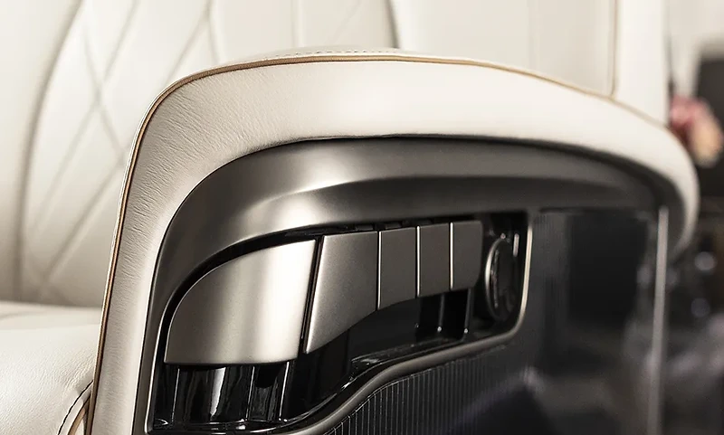 Cream leather seating inside a private jet