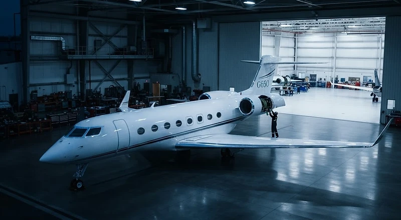 Private jet in a pristine maintenance hangar