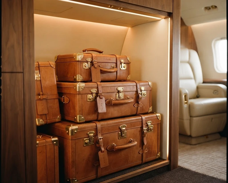 Bespoke leather luggage trunks arranged in the baggage compartment of a private jet