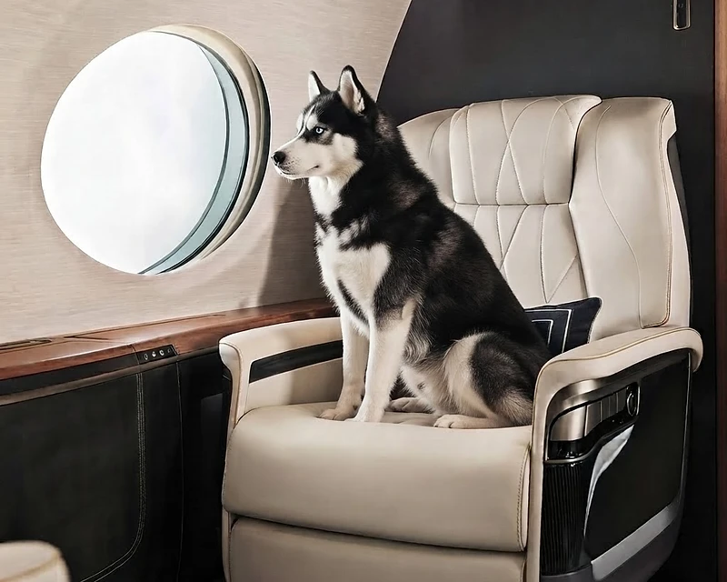 A Siberian husky settled inside a private jet cabin