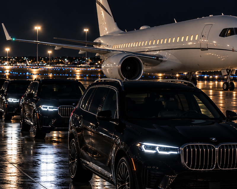 Black luxury SUVs positioned beside a private jet on a rain-lit airfield at night