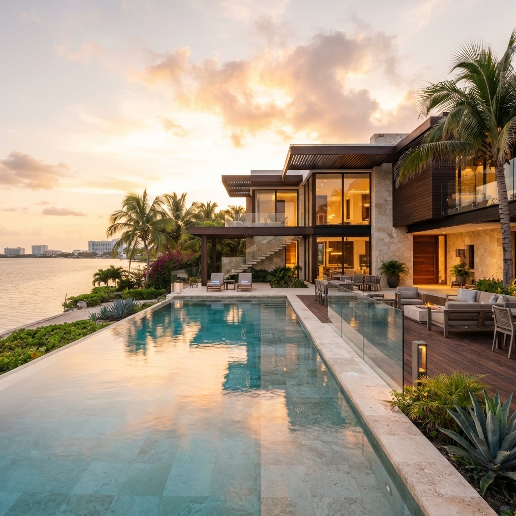 Residencia contemporánea al atardecer