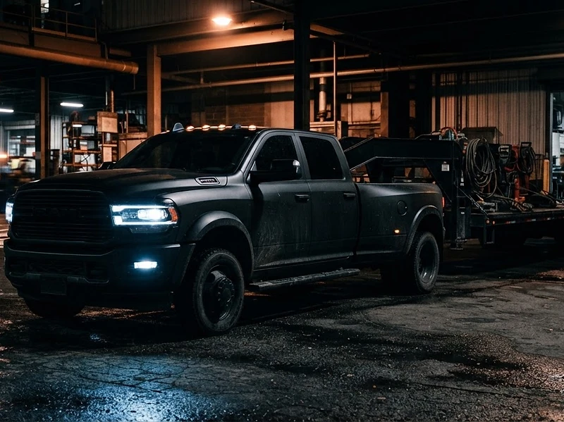 Blacked-out hotshot rig under harsh industrial lighting