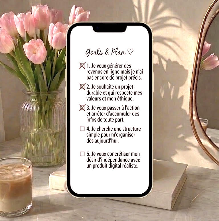 Téléphone affichant les checklists du mini-guide, vase de tulips et miroir