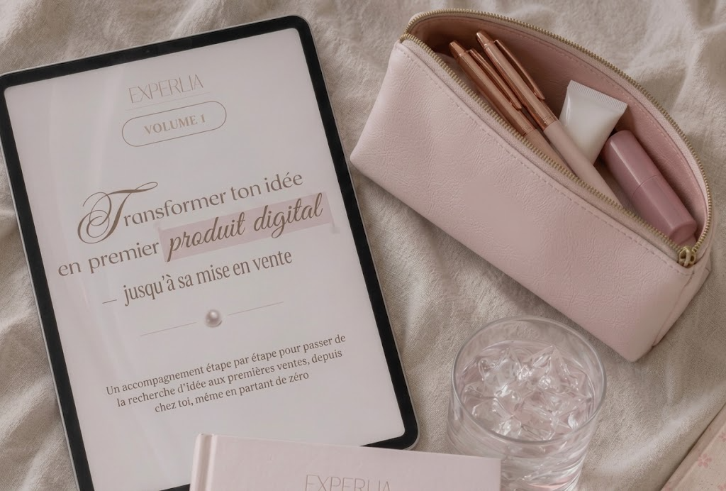Tablette affichant le Volume 1, trousse et stylos