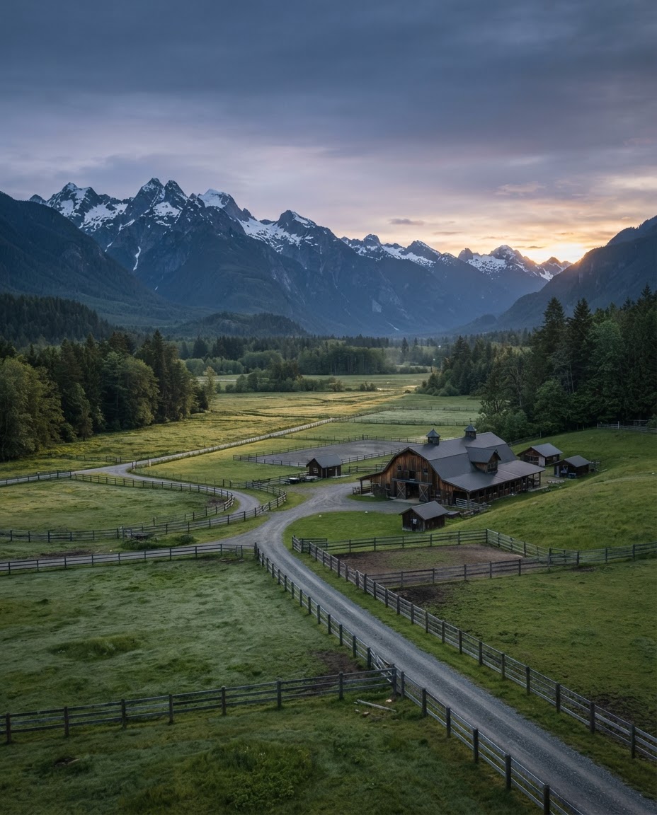 Pemberton acreage ranch with barn and pasture beneath the mountains at dawn