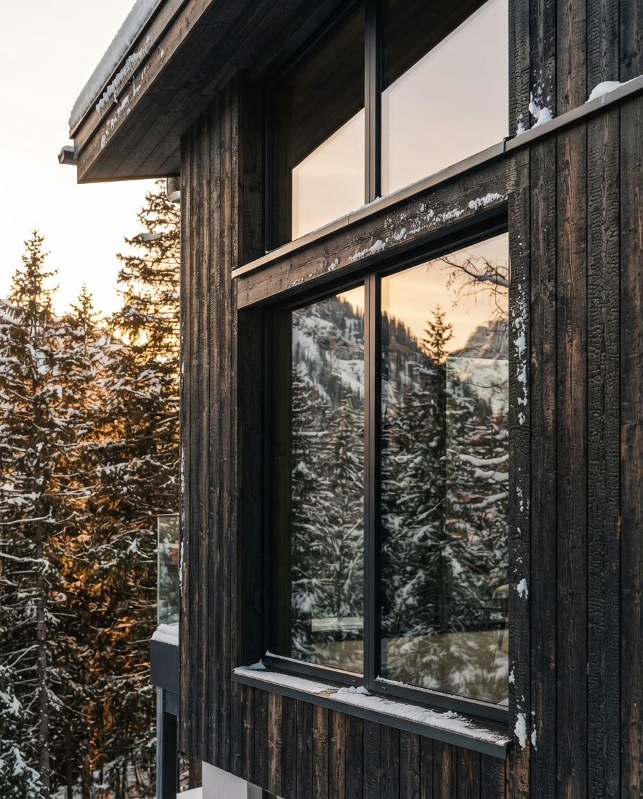 Modern cedar and glass chalet facade reflecting the surrounding pine forest in Whistler