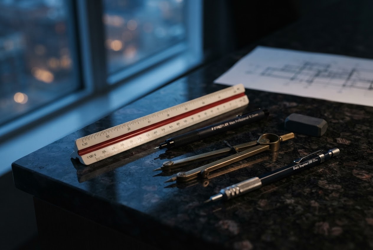 Architectural drafting tools resting on a granite surface, illustrating measurement precision