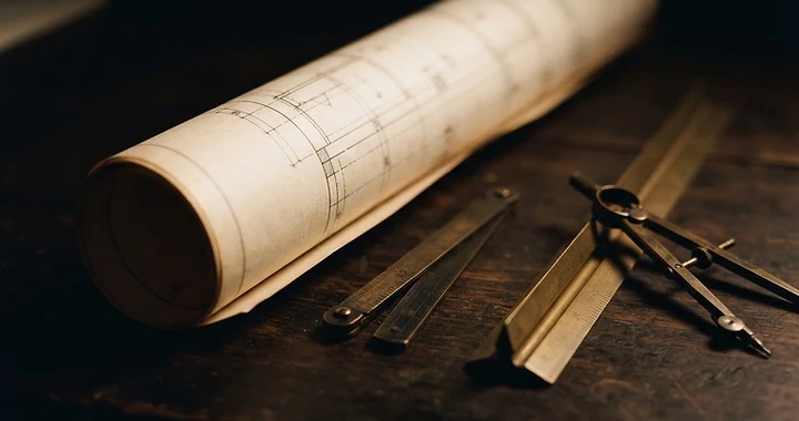 Architectural blueprints and brass measuring tools on a dark desk