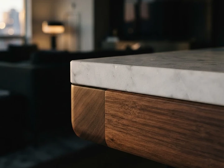 Luxury home interior detail of marble meeting warm wood
