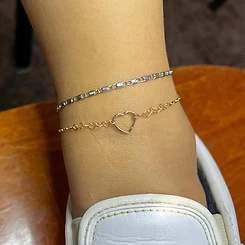 Silver and gold permanent anklets with open heart charm by Oh She Linked