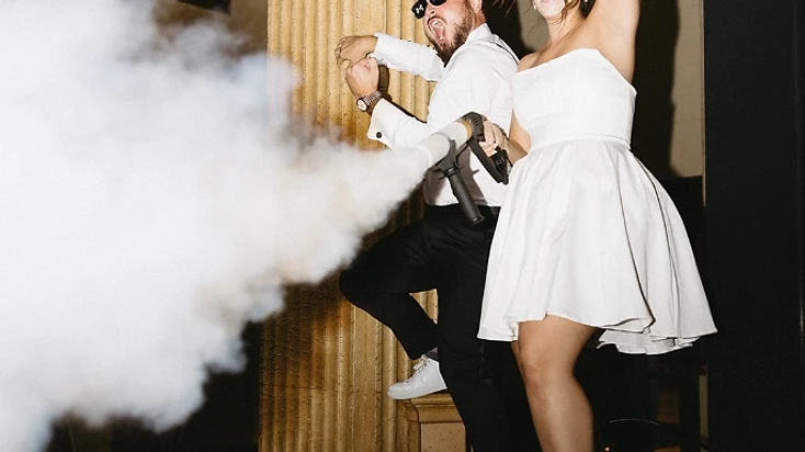 Packed wedding dance floor during a DJ Mike Melice performance