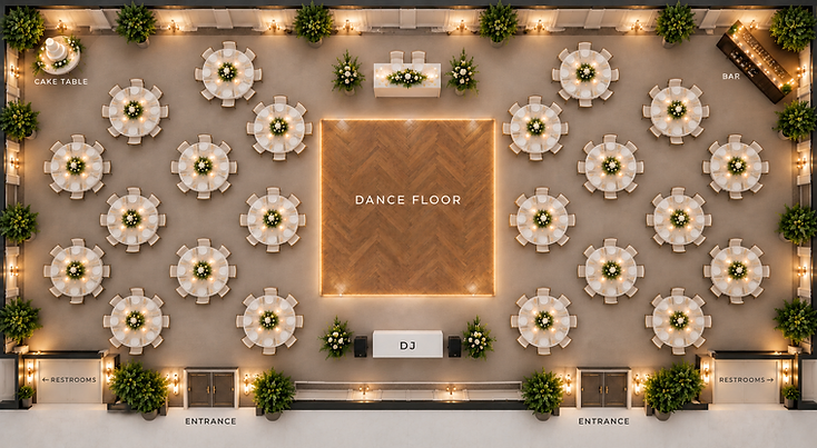 Ideal wedding reception floor plan showing a central dance floor, DJ directly in front, sweetheart table opposite, and guest tables surrounding the dance floor