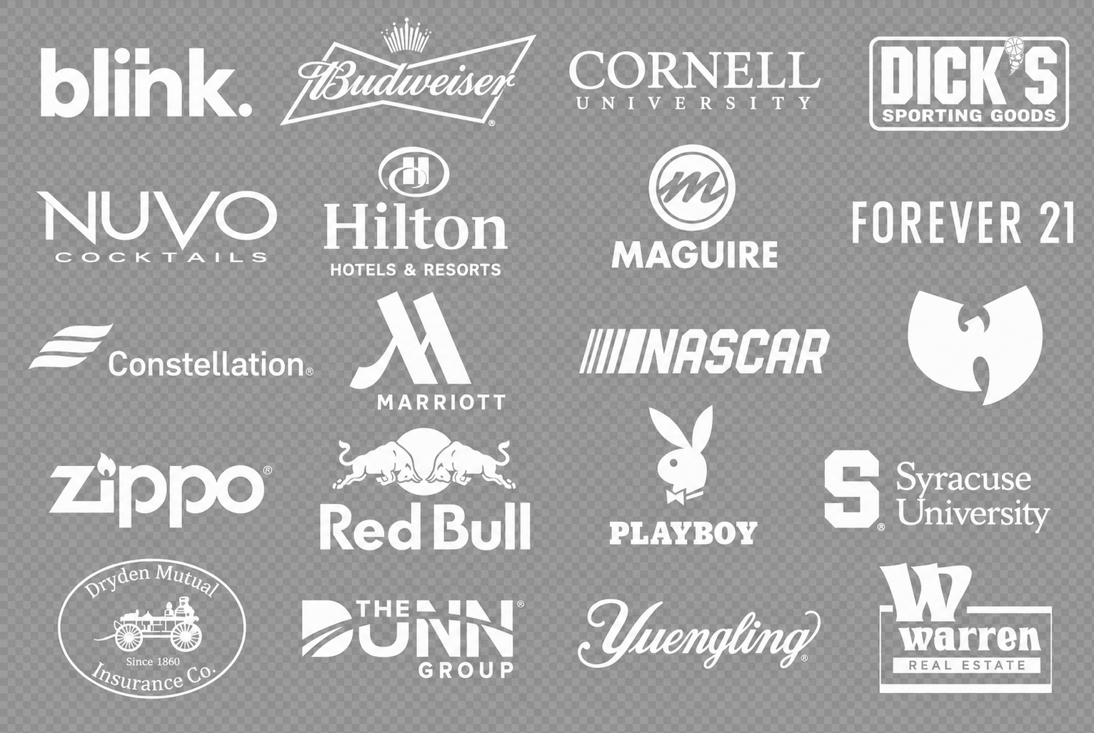Trusted by leading brands and organizations including Blink, Budweiser, Cornell University, Dick's Sporting Goods, Nuvo, Hilton, Maguire, Forever 21, Constellation, Marriott, NASCAR, Wu-Tang, Zippo, Red Bull, Playboy, Syracuse University, Dryden Mutual Insurance, The Dunn Group, Yuengling, and Warren Real Estate