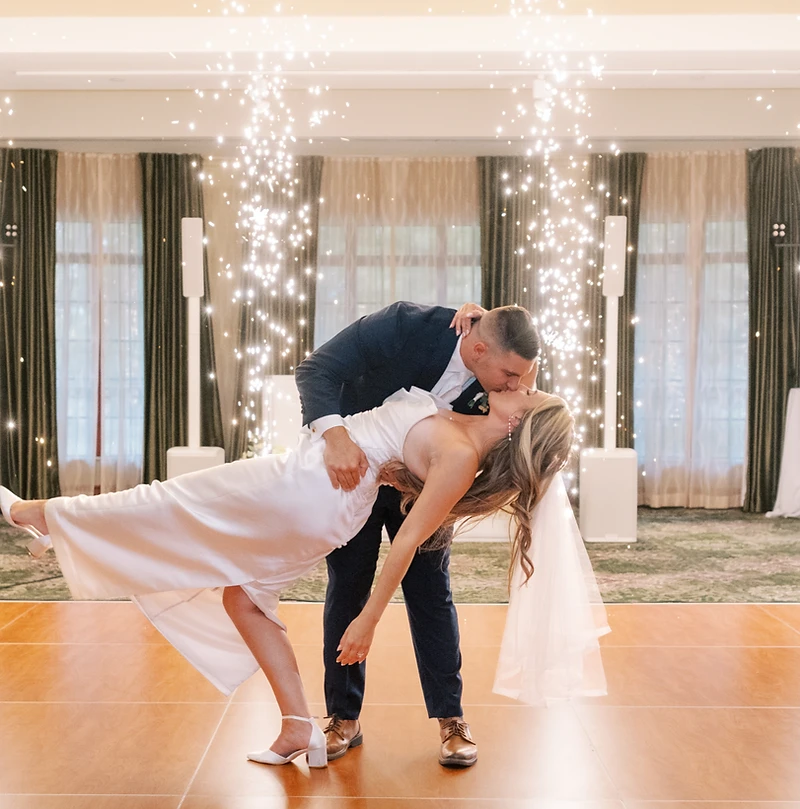 Cold sparks erupting over a packed wedding dance floor at a DJ Mike Melice celebration