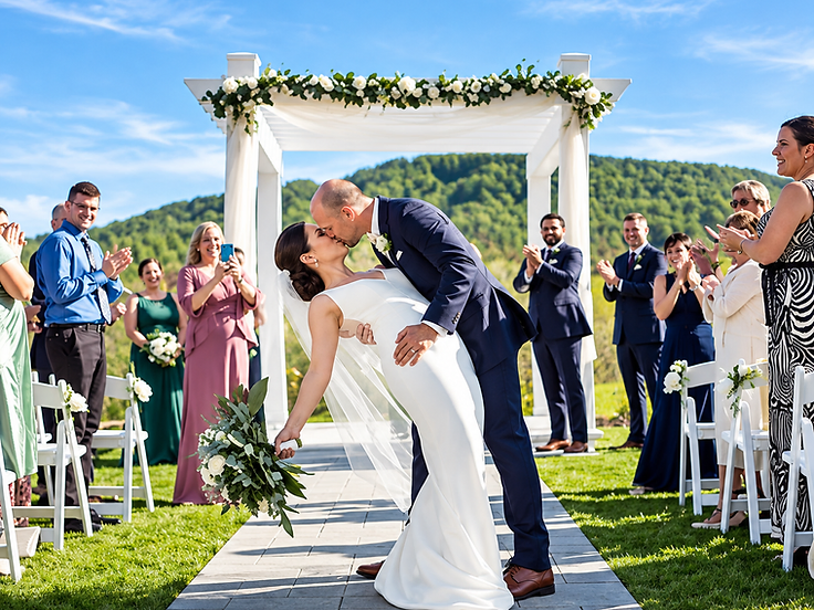 Outdoor wedding ceremony with a couple under a floral pergola, guests seated on either side