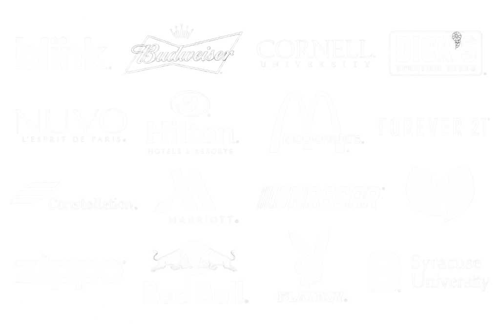 Trusted by leading brands and organizations including Blink, Budweiser, Cornell University, Dick's Sporting Goods, Nuvo, Hilton, McDonald's, Forever 21, Constellation, Marriott, NASCAR, Wu-Tang, Zippo, Red Bull, Playboy, and Syracuse University