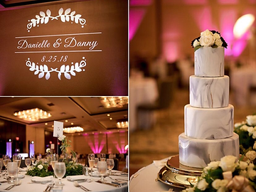 Collage from a Turning Stone wedding in the Cypress Ballroom featuring a personalized monogram projection, an elegant table setting, and a four-tier marbled wedding cake with roses