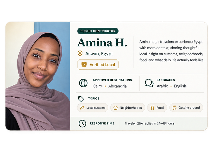 Example Bazaarist public contributor profile for Amina H. in Aswan, Egypt