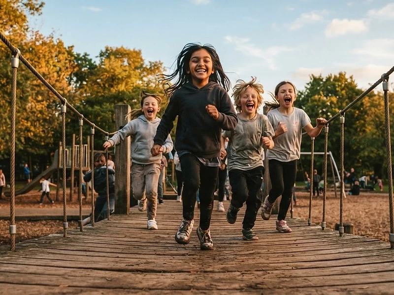 Kinderen rennen over een houten brug in de speeltuin