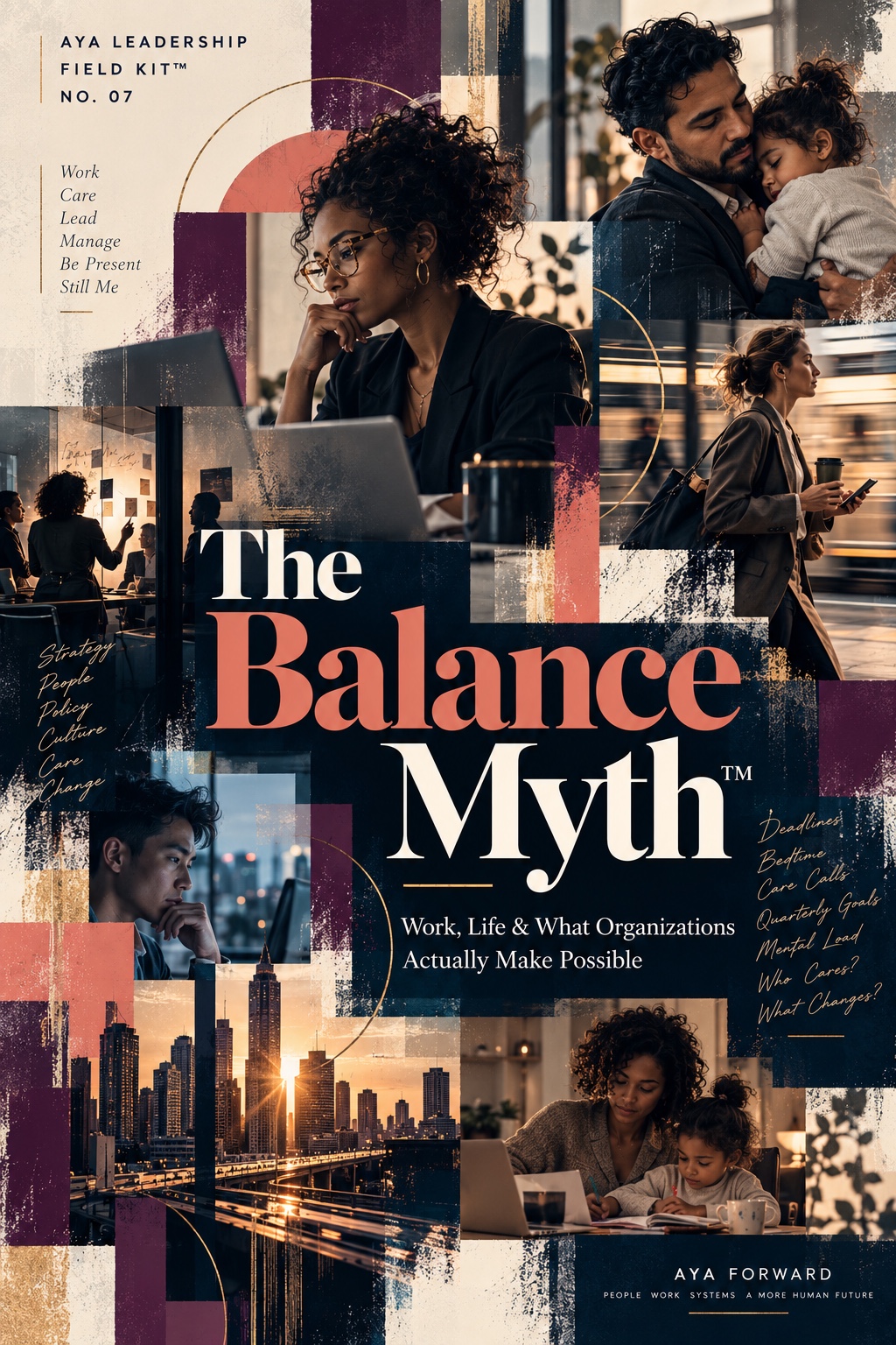 The Balance Myth field kit editorial collage showing work, caregiving, commuting, leadership, and city life