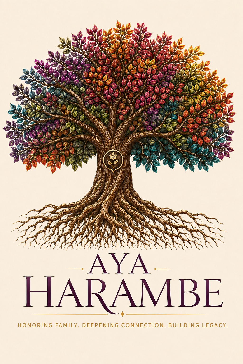 AYA Harambe — a colorful rooted tree symbolizing honoring family, deepening connection and building legacy