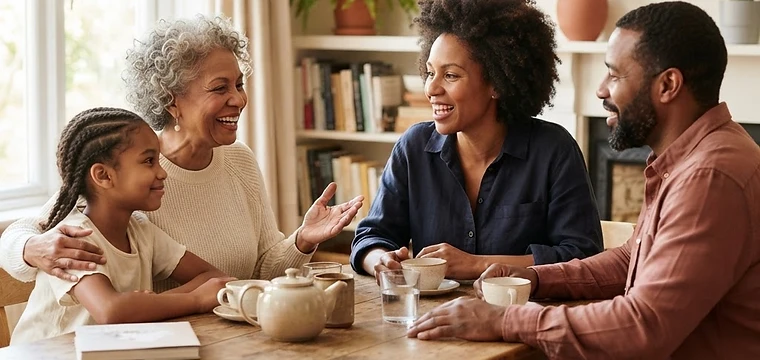 A multigenerational family sharing a warm conversation around a table at home
