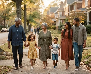 A multigenerational family walking together in warm neighborhood light