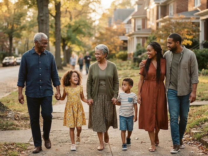 A family with children and grandparents walking together through a neighborhood in warm light