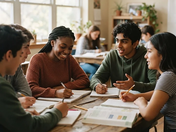 Teenagers engaged in focused collaborative learning in a classroom