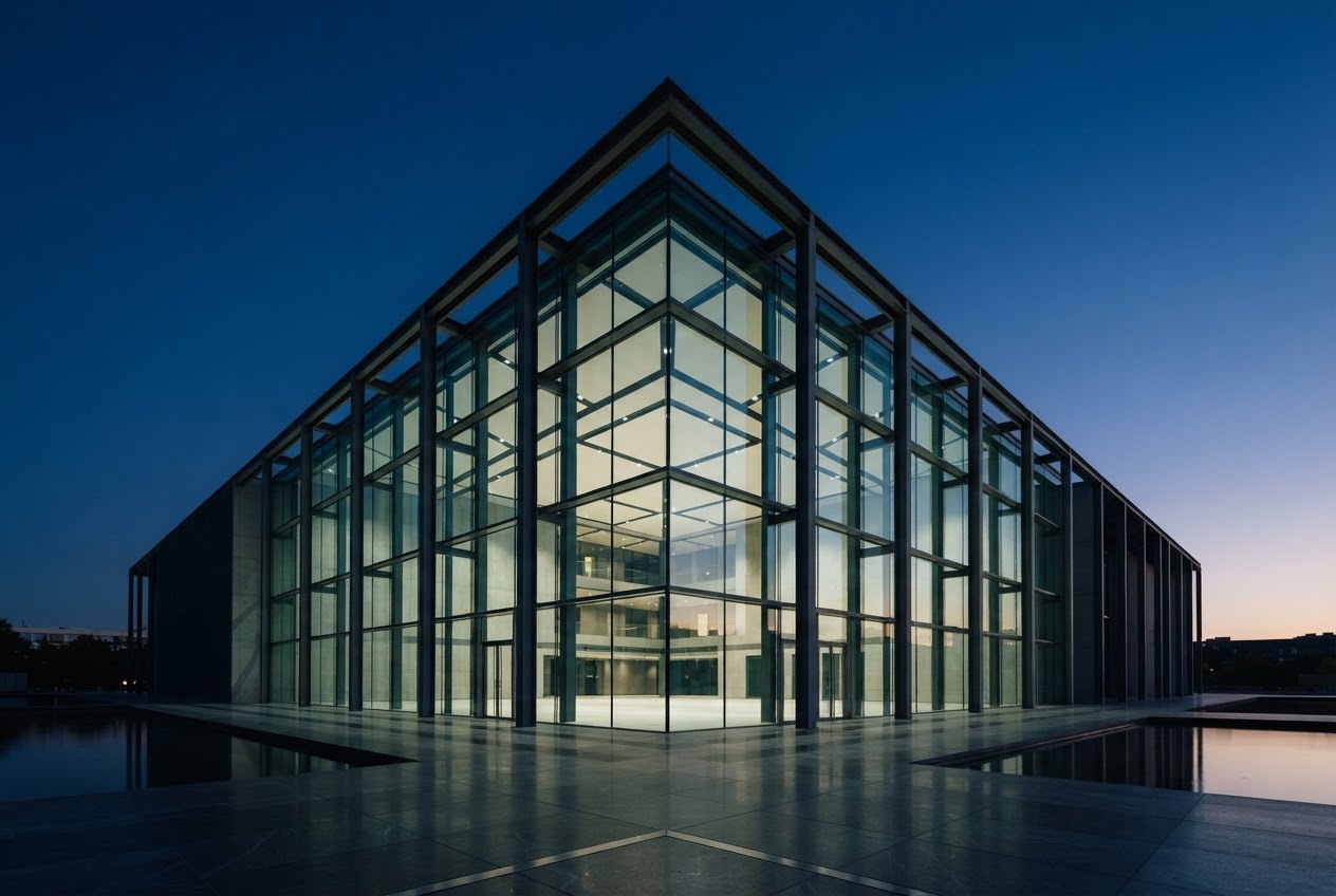 Modern transparent architecture with glass corners and steel beams against a blue-hour sky