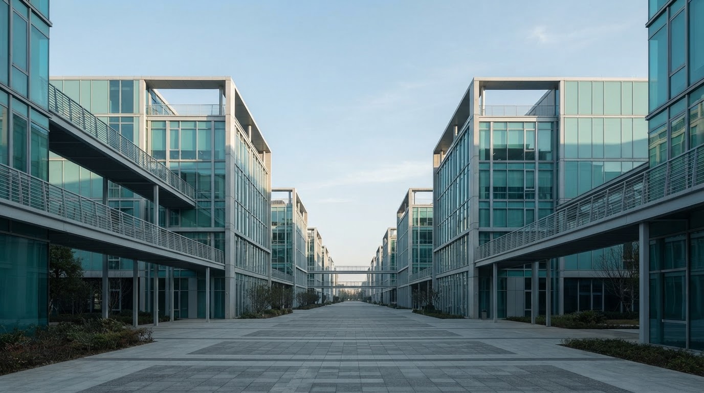 Architectural photograph of interconnected geometric structures representing operational systems