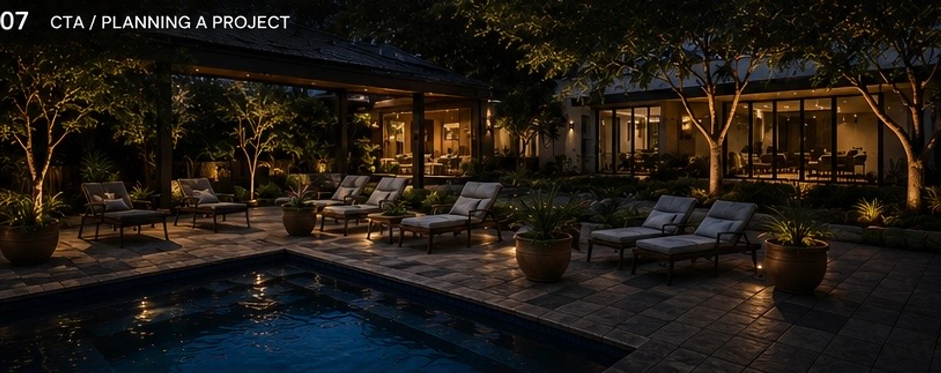 Completed construction project — outdoor area at dusk