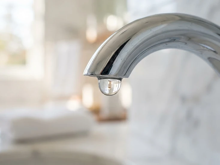 Dettaglio di un rubinetto cromato pulito con goccia d'acqua