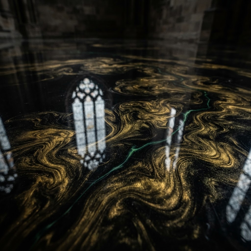 Black and gold epoxy resin swirling on a mirror floor