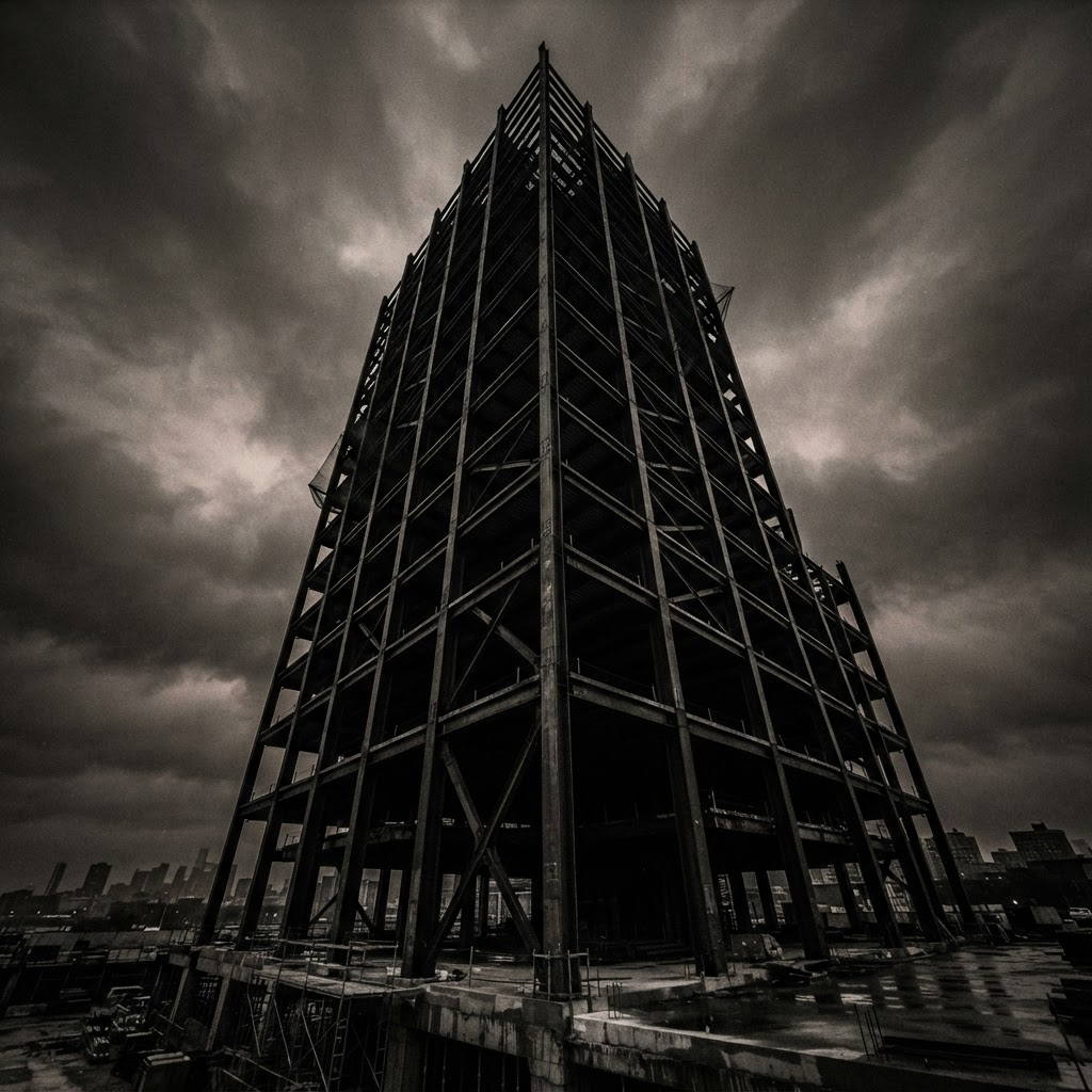 Skeletal steel building frame against a moody sky