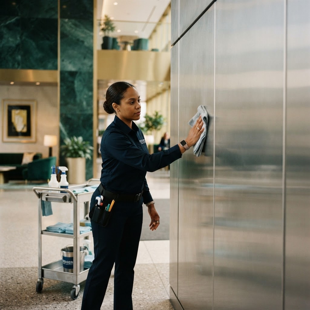 Professional commercial cleaner at work in East Midlands reflecting M&D meticulous standard