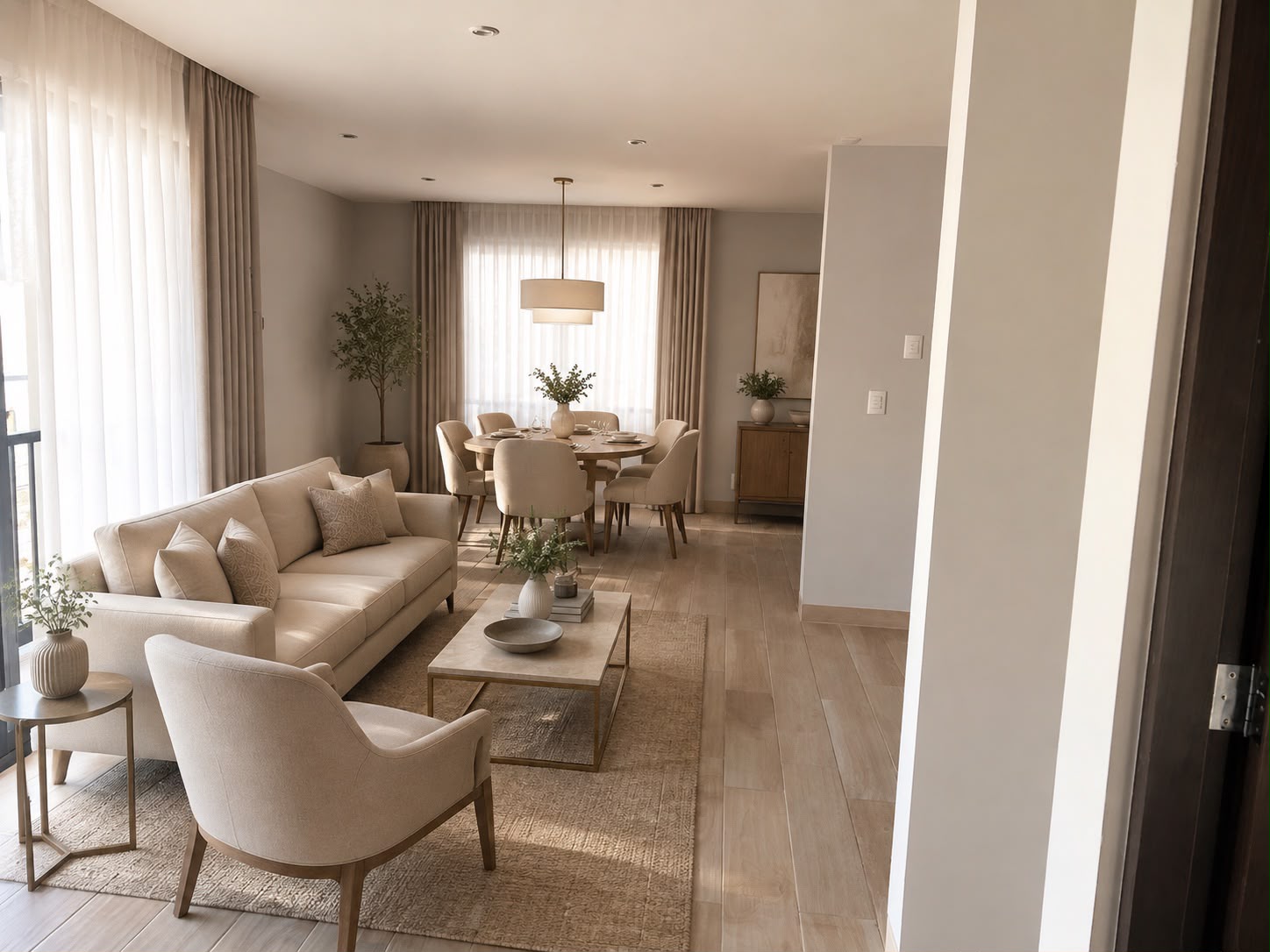 Sala-comedor abierta con sofás de tonos neutros y lámpara de techo en proyecto entregado TEMBO