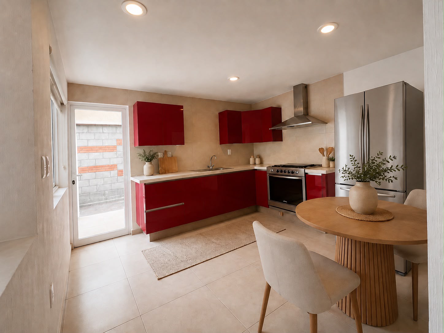 Cocina con gabinetes rojos de alto brillo y comedor redondo en proyecto entregado TEMBO