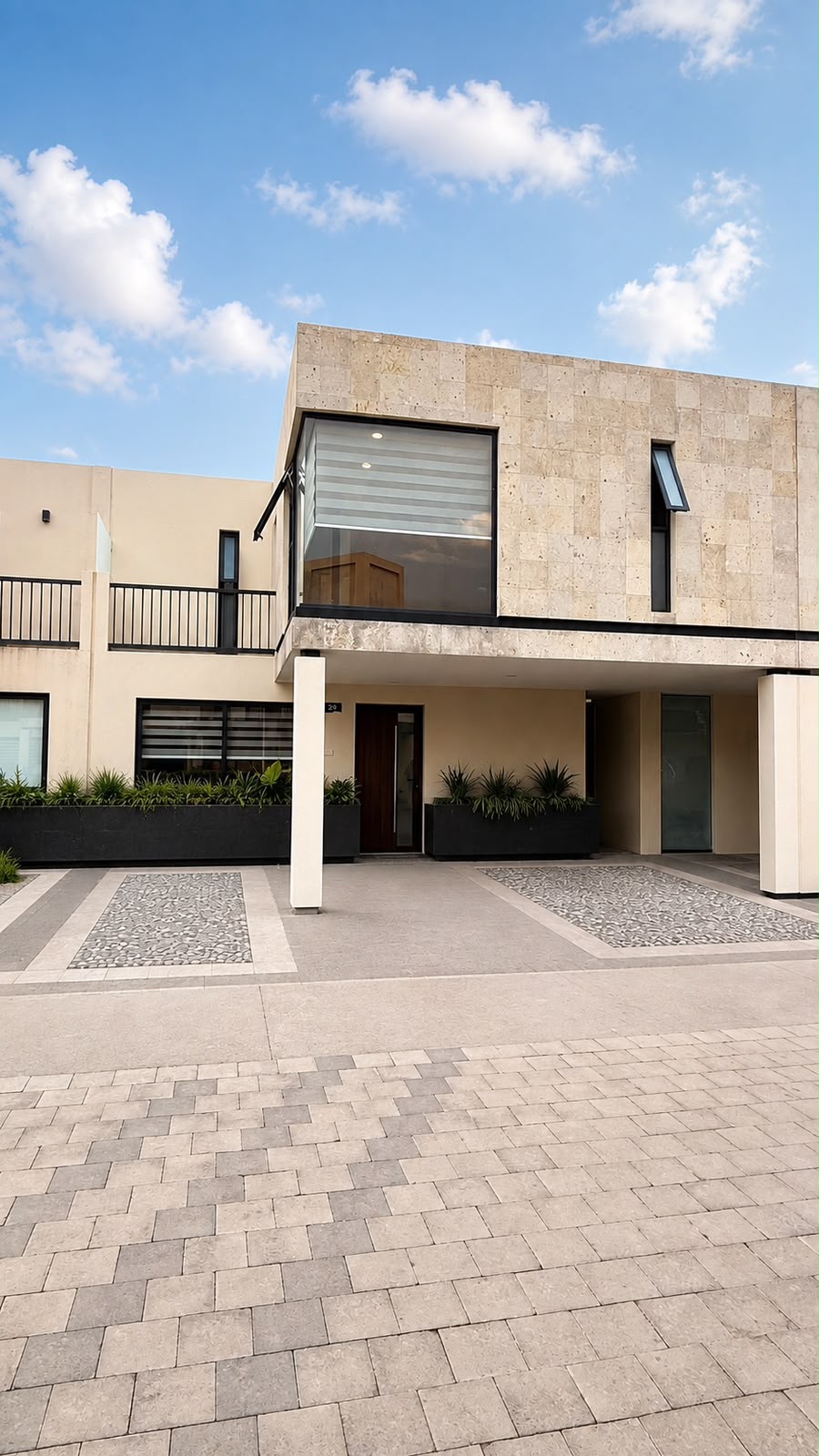 Fachada de residencia con recubrimiento de piedra natural y planters negros en proyecto entregado TEMBO