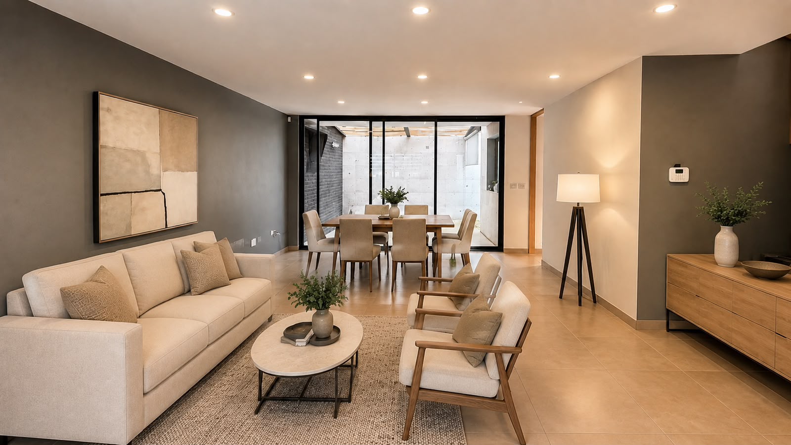 Sala-comedor con muro gris, obra abstracta y puertas de cristal hacia el patio en proyecto entregado TEMBO
