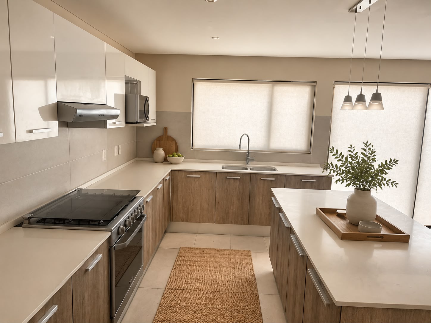 Cocina con isla, gabinetes blancos y de madera y luminarias cónicas en proyecto entregado TEMBO