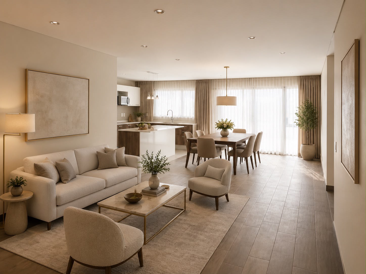 Sala-comedor abierta con vista a cocina, planta interior y cortinas de piso en proyecto entregado TEMBO