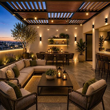 Terraza exterior con pérgola en desarrollo Fénix por TEMBO