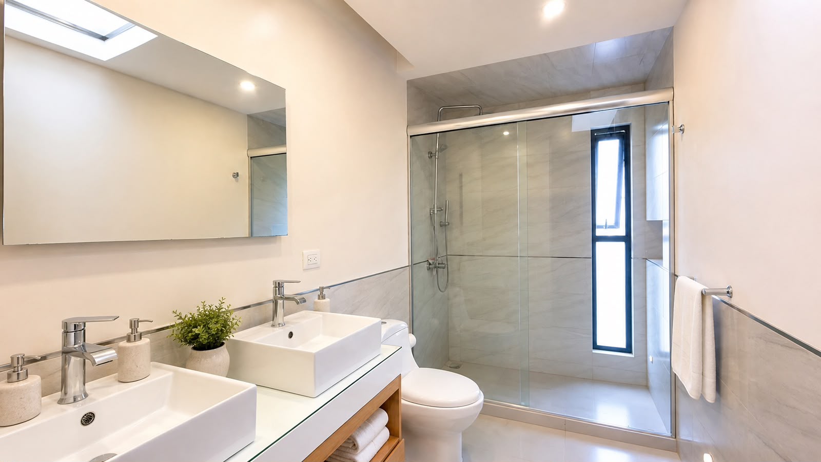 Baño con doble lavabo, espejo y regadera de cristal con luz natural en proyecto entregado TEMBO